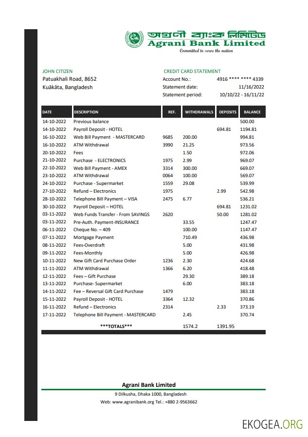 Relevé de la banque Agrani du Bangladesh